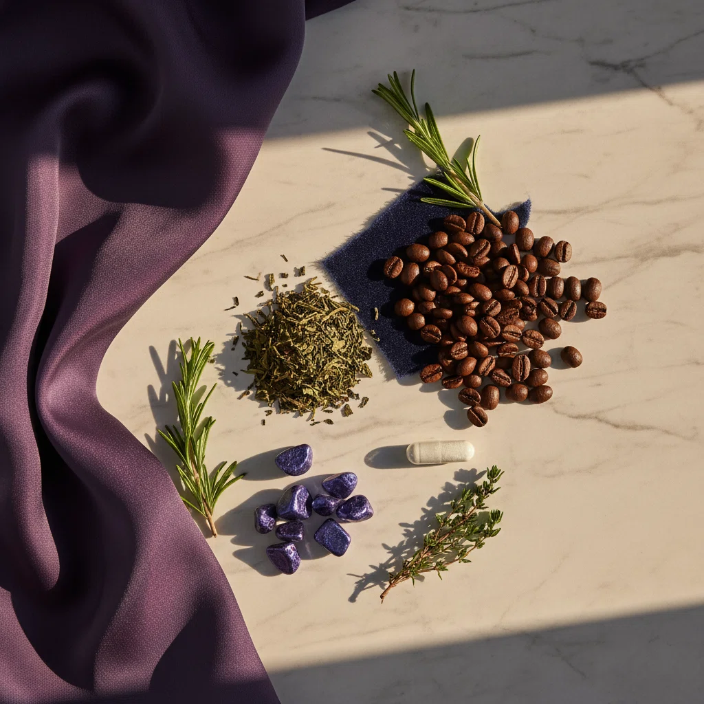 Flat lay of botanical ingredients including green tea leaves, coffee beans and herbs